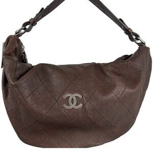 CHANEL Hobo Shoulder Bag Brown Caviar Leather Silver CC